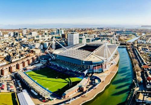 an aerial view of a soccer stadium with a field at Principality Apartment in Cardiff