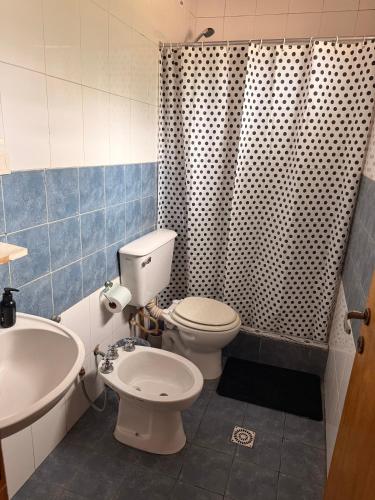 a bathroom with a toilet and a sink and a shower at Cabañas Las Marias in San Luis