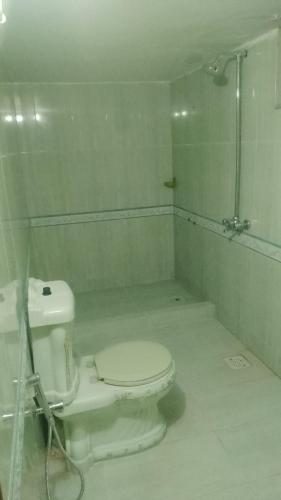 a white bathroom with a toilet and a shower at Oasis Family Hotel in Lahore