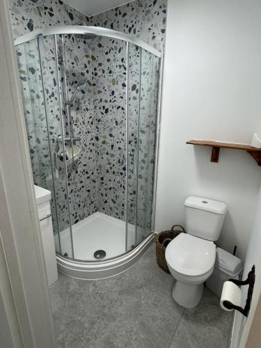 a bathroom with a shower and a toilet at Bota Bungalow, Kidlington,Oxford in Kidlington