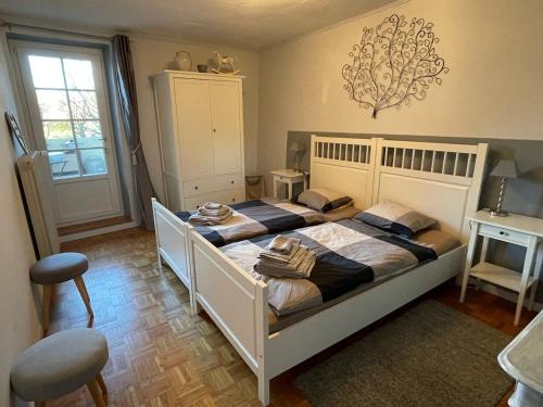 a bedroom with two beds and a window at Clos Belin in Chavornay