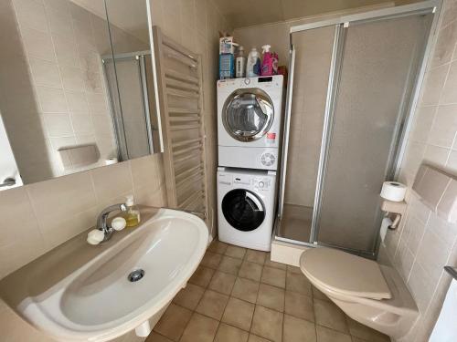 a bathroom with a sink and a washing machine at Clos Belin in Chavornay