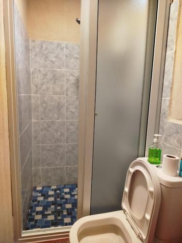 a bathroom with a shower and a toilet with the seat up at Hospedaje in San Pablo La Laguna