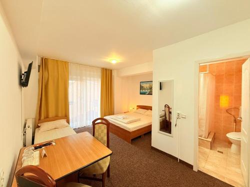 a hotel room with a bed and a bathroom at Vila Gymy in Constanţa