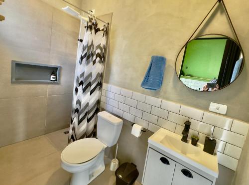 a bathroom with a toilet and a sink and a mirror at Loft Confortável e Tranquilo - Fernandópolis in Fernandópolis