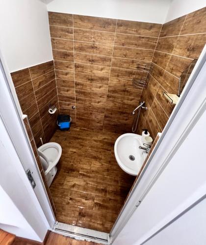 a small bathroom with a toilet and a sink at Blue Maris in Sutomore