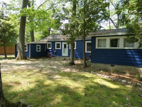 a blue house in the woods with trees at Cranberry Cottage on Torch Lake in Alden
