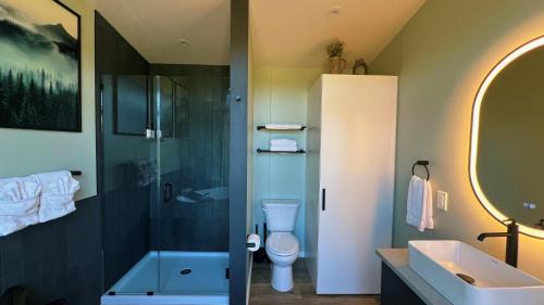 a bathroom with a sink and a toilet and a shower at Bison Farm - Cabin "Vista" in Culpeper