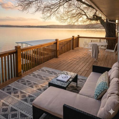 a patio with a couch and a table on a deck at Markley Manor - Beautiful views in Sunrise Beach