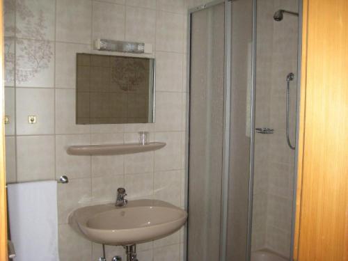 a bathroom with a sink and a shower at Pension zum Lusenblick in Mauth