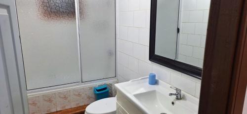 a bathroom with a sink and a shower and a toilet at Casa Azul in Coñaripe