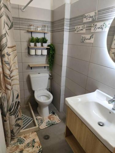 a bathroom with a toilet and a sink at Vangelis rooms in Pitsidia