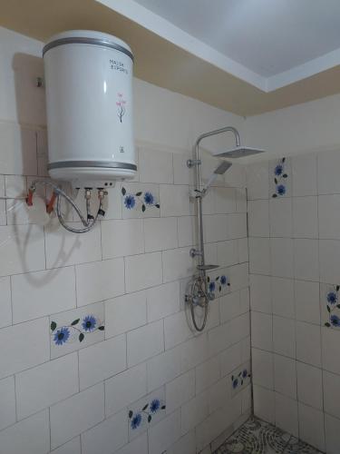 a shower in a bathroom with a tank on the wall at Sunshine Guesthouse Bafuloto in Bafuloto