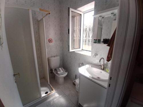 a bathroom with a toilet and a sink and a shower at Panorama Rooms in Kyllini
