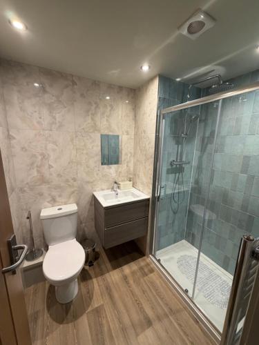 a bathroom with a toilet and a shower and a sink at The Blue Bell Inn in Amble