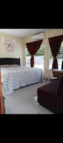 a bedroom with a bed and a table with a chair at Zacatecoluca House 2 in Zacatecoluca