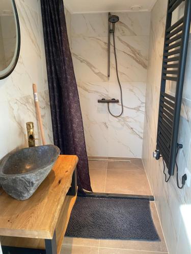 a bathroom with a stone sink and a shower at Het Boenhok logies in Lekkerkerk
