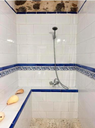 a bathroom with a shower with a hose at Ocean front surf House El Cotillo in El Cotillo