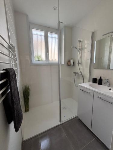 a white bathroom with a shower and a sink at Centre ville - Le Creusot in Le Creusot