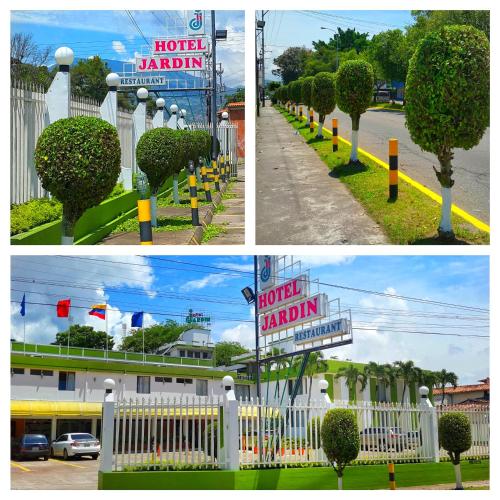 four different pictures of a hotel with a sign at Hotel Jardin in San Cristóbal