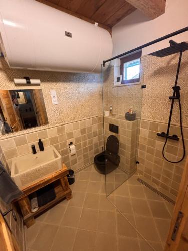 a bathroom with a sink and a shower at Hárs Vendégház in Balatonendréd