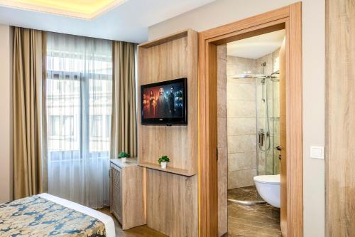a hotel room with a bathroom with a toilet and a television at Hotel Seren 2 in Istanbul