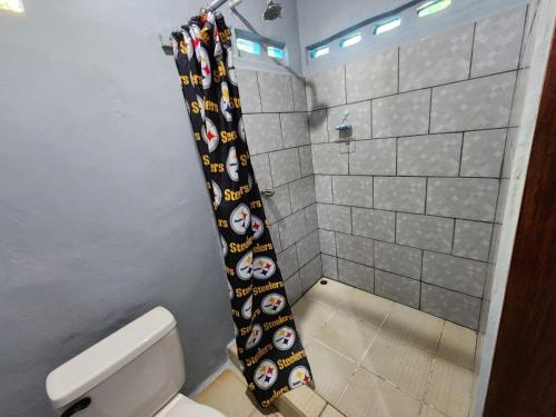 a bathroom with a toilet and a shower curtain with skulls at Calala House in Balgue