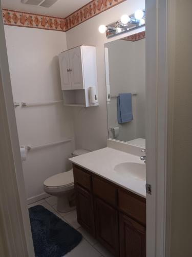a bathroom with a sink and a toilet and a mirror at Beautiful Riverview Condo with Boatlaunch in Bullhead City