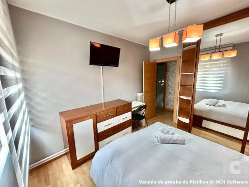 a bedroom with a bed and a desk with a television at Carbonería 4 in Soria