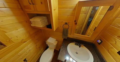 a bathroom with a sink and a toilet and a mirror at MeMaws Country Cabin in Pipe Creek