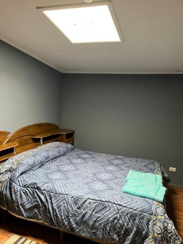 a bedroom with a bed and a skylight at Cabaña Centro in Coihaique