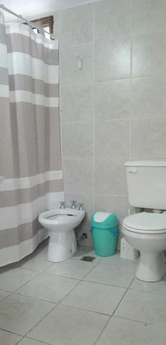 a bathroom with a toilet and a shower curtain at Casa Nur in Potrerillos