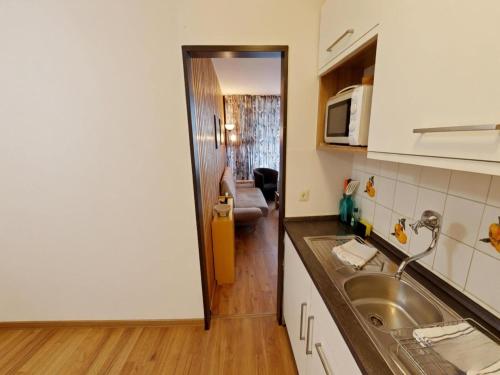 a small kitchen with a sink and a microwave at Studio Sebastian mit Pool und Sauna in Freyung