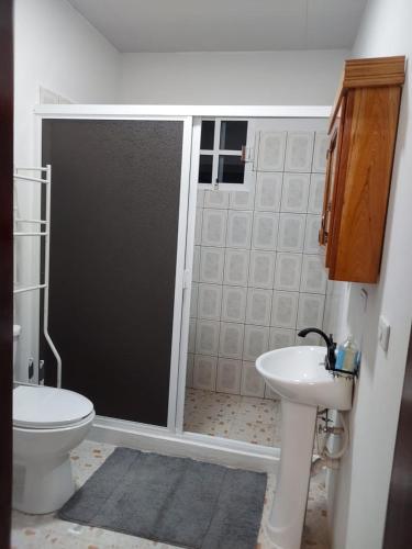 a bathroom with a shower and a toilet and a sink at Sotera's Guest House in Corozal
