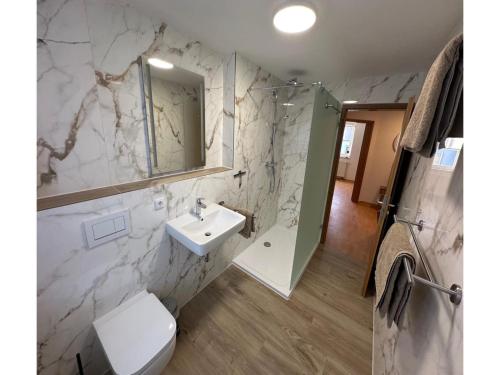 a bathroom with a sink and a toilet and a mirror at behagliche Ferienwohnung in Elstra in Elstra