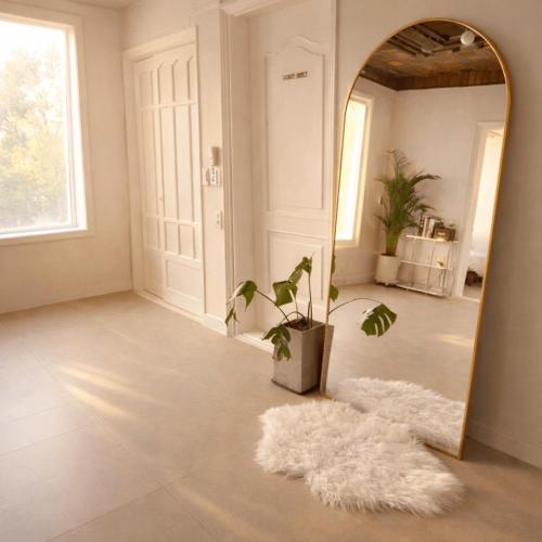 a mirror in a room with a plant and a rug at Sejong Hygge Stay in Sejong
