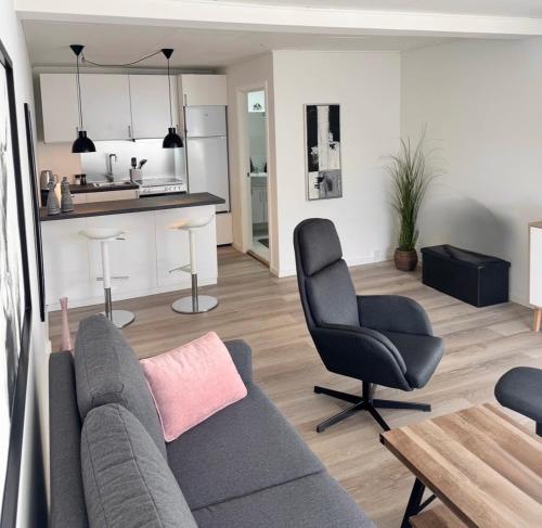a living room with a couch and a chair and a kitchen at Finnsvej 12E in Frederikshavn