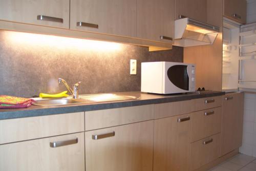 a kitchen with a sink and a white microwave at Ambassador Suites Antwerp in Antwerp