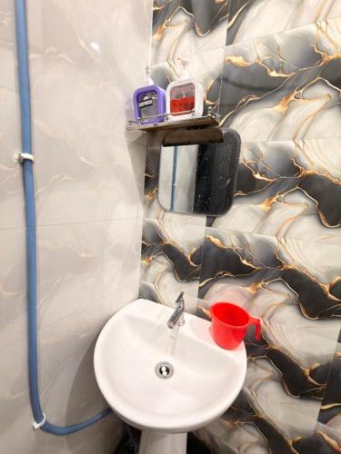 a bathroom with a sink and a toilet with a wall at Yovibe Stays, Dorms & Rooms, Assi Ghat, Varanasi in Varanasi
