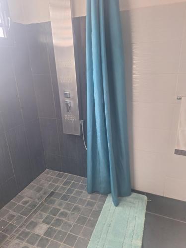 a shower with a blue shower curtain in a bathroom at L' ecrin de douceur in Saint-Benoît