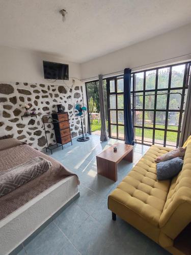 a bedroom with a bed and a couch and windows at La gloria hospedajes in Cuernavaca