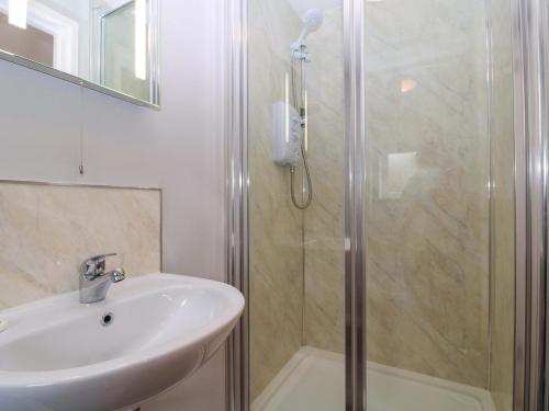 a bathroom with a shower and a sink at Sunny Cottage in Brecon