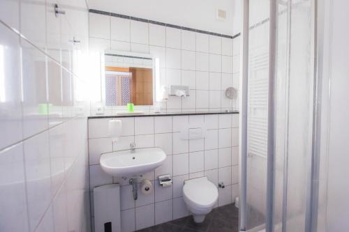 a white bathroom with a toilet and a sink at Gasthaus Zum Schwan in Oschatz