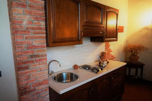 a kitchen with a sink and a brick wall at Agriturismo Antico Borgo Poggitazzi in Loro Ciuffenna