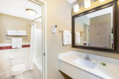 a bathroom with a sink and a toilet and a mirror at AmericInn by Wyndham Okoboji in Okoboji