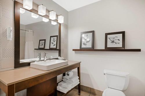 a bathroom with a sink and a toilet and a mirror at Country Inn & Suites by Radisson, West Bend, WI in West Bend