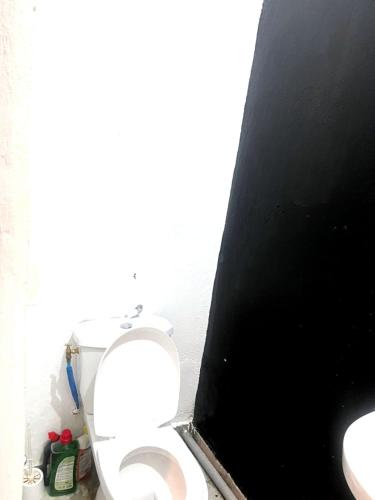 a bathroom with a toilet with a black wall at Cocon lumineux tout équipé in Dzaoudzi