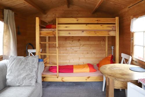 a bedroom with a bunk bed in a cabin at Nengshof Gartenhaus Wegerich in Wißmannsdorf