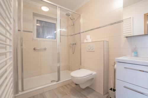 a bathroom with a shower and a toilet and a sink at Kim im Haus Wega in Westerland