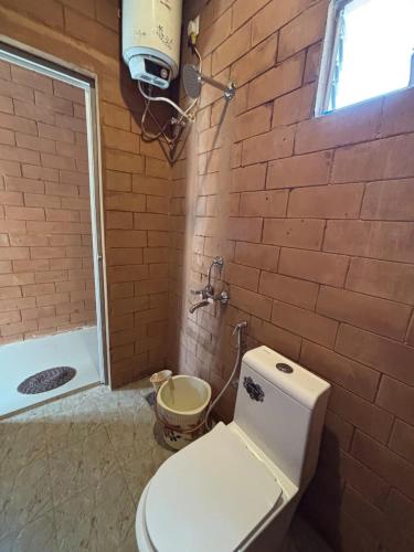 a bathroom with a toilet and a brick wall at Auro Waves Rooms & Hostel in Auroville